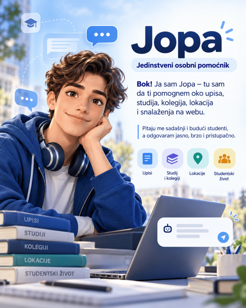 Jopa — jedinstveni osobni pomoćnik. Pomaže oko upisa, studija, kolegija, lokacija i snalaženja na webu.
