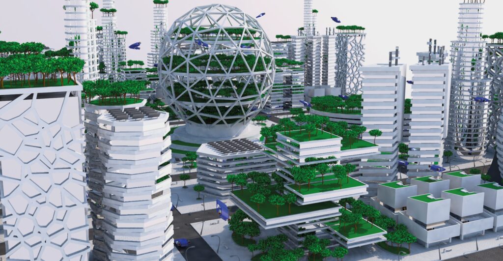 3D vizualizacija grada budućnosti: zeleni grad nebodera s kupolom (Marko Zidar)