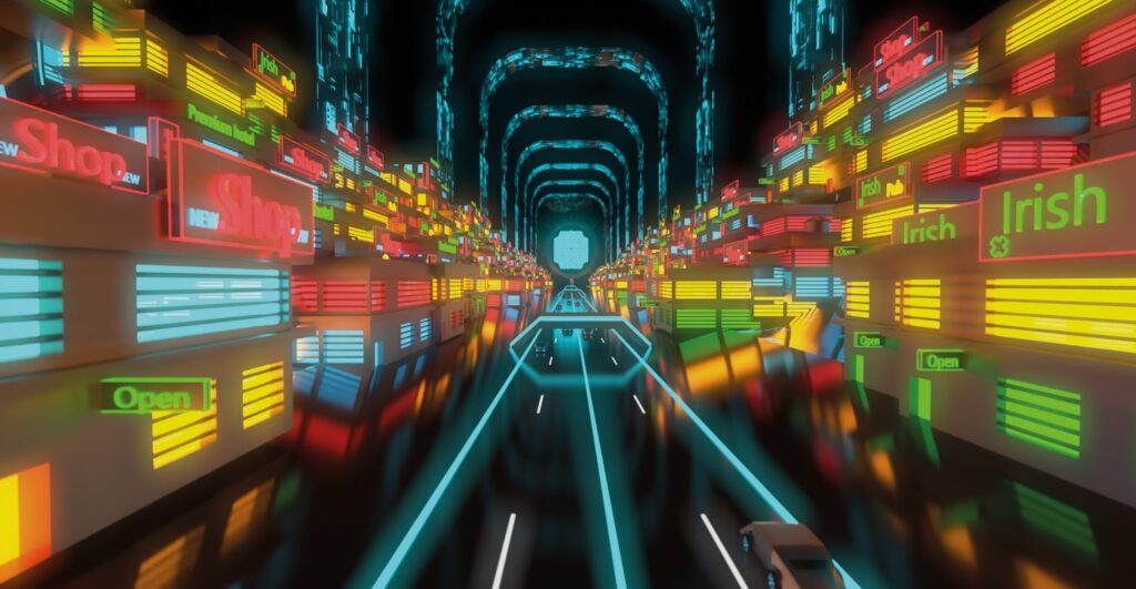 3D vizualizacija grada budućnosti: neonska ulica (Jurica Bednjanec)
